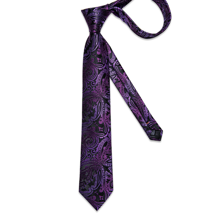 high quality silk paisley mens dark purple pattern tie pocket square cufflinks set for suit top