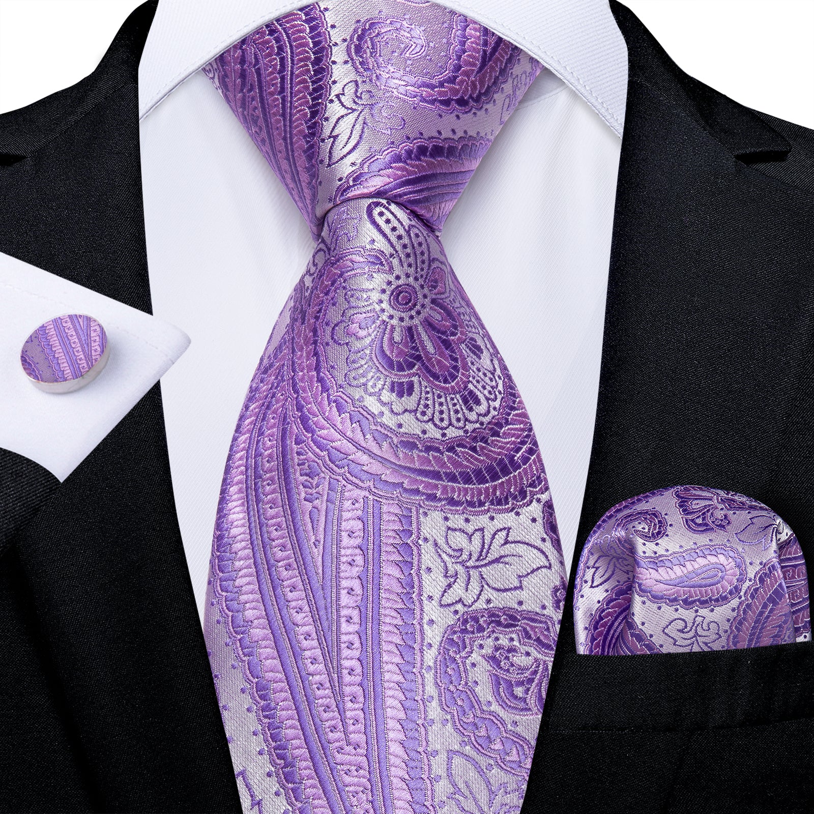Purple Paisley Silk Men's Necktie Pocket Square Cufflinks Set – ties2you