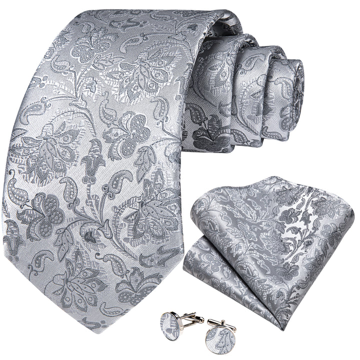 fashion high quality silk floral mens silver tie handkerchief cufflinks set