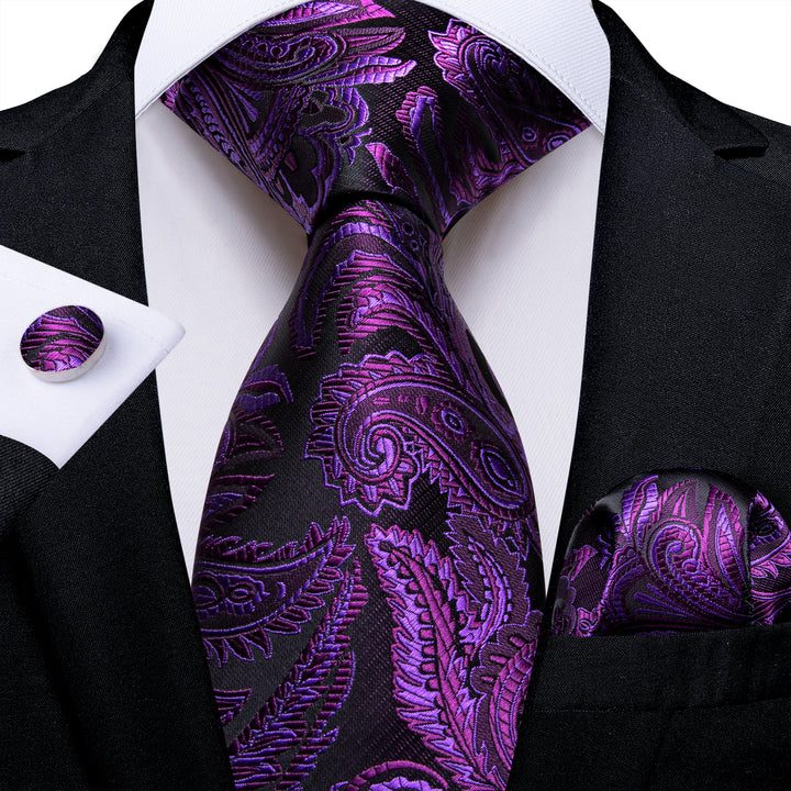 Black Purple Paisley Men's Necktie Hanky Cufflinks Set – ties2you