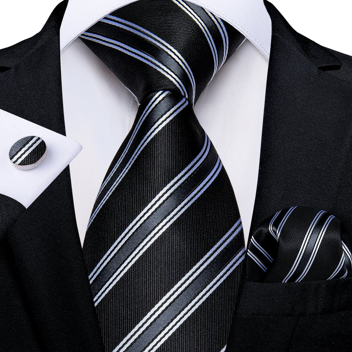 New Black Grey Striped Necktie Pocket Square Cufflinks Set – ties2you