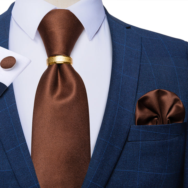 Brown Solid Tie Ring Pocket Square Cufflinks Set