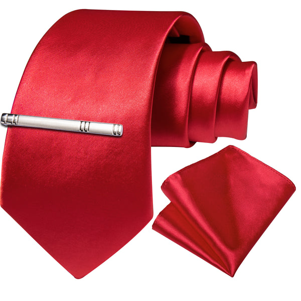 Red Pure Solid Satin Necktie Pocket Square Tie Set