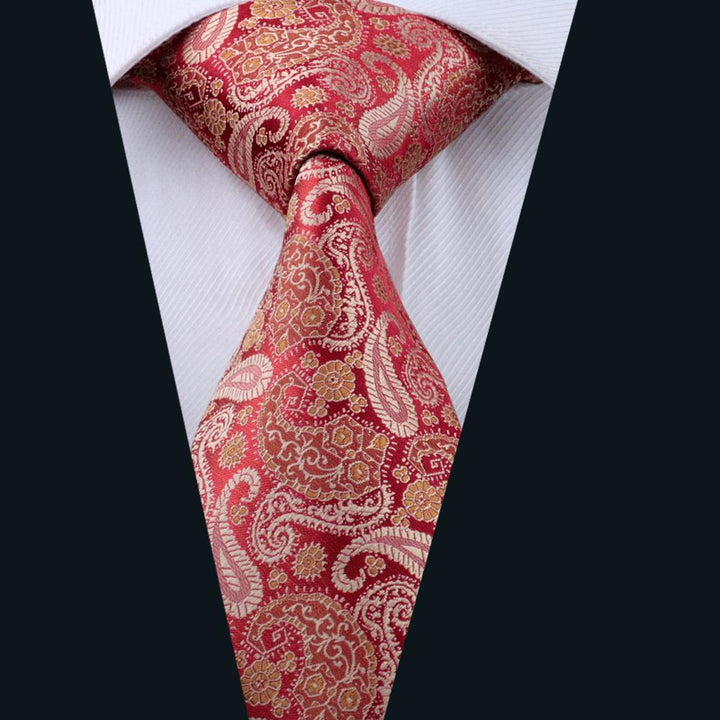 fashion paisley silk mens red and gold tie handkerchief cufflinks set