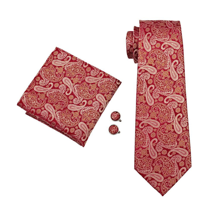 fashion paisley silk mens red and gold tie handkerchief cufflinks set